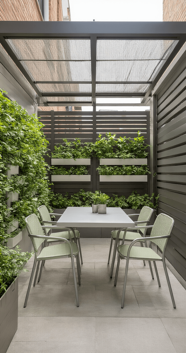 Small Patio, Big Style: Clever Cover Solutions for Tiny Outdoor Spaces A sleek modern narrow patio featuring a retractable mesh-covered aluminum trellis, a wall-mounted brushed steel fold-down table, four pale sage stackable mesh chairs, and a vertical herb garden in white planters, all bathed in bright natural light to enhance the fresh contemporary atmosphere.