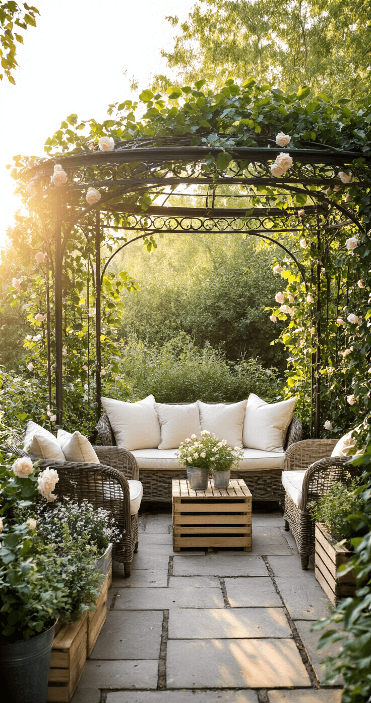 Small Patio, Big Style: Clever Cover Solutions for Tiny Outdoor Spaces Petite 8'x8' garden patio at sunrise featuring a vintage metal gazebo with climbing roses, a wicker loveseat with cream cushions, upcycled wooden crates as side tables, and mixed container gardens in galvanized planters, all bathed in warm morning light.