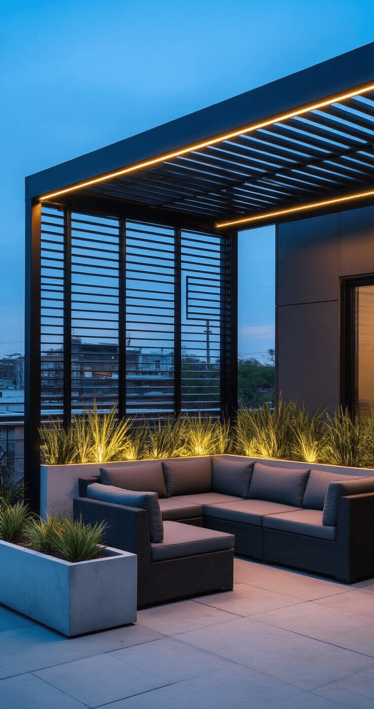 Small Patio, Big Style: Clever Cover Solutions for Tiny Outdoor Spaces A sophisticated urban rooftop patio at twilight, featuring an industrial-style steel pergola with adjustable louvered top, a modern charcoal sectional with hidden storage, integrated LED strip lighting, and minimalist concrete planters with architectural plants, illuminated by a blend of blue hour and warm artificial light.