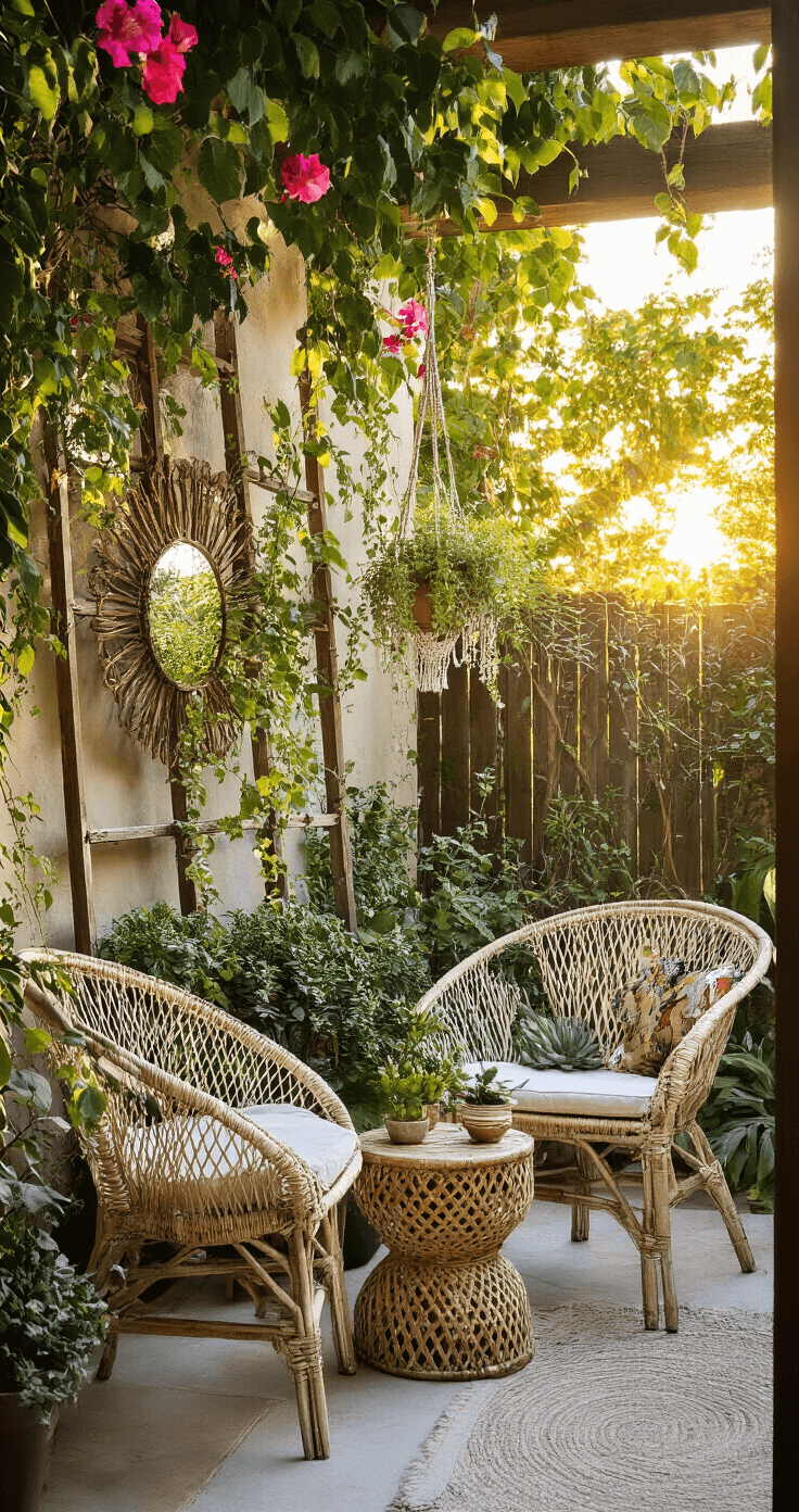 Small Patio, Big Style: Clever Cover Solutions for Tiny Outdoor Spaces A charming 7'x7' corner patio during golden hour, featuring a repurposed ladder trellis with flowering vines, a compact rattan peacock chair, and a folding ceramic side table. Macramé plant hangers hold trailing succulents, while distressed metal mirrors enhance the space. The natural backlight creates a beautiful rim lighting effect, evoking a bohemian and eclectic atmosphere.