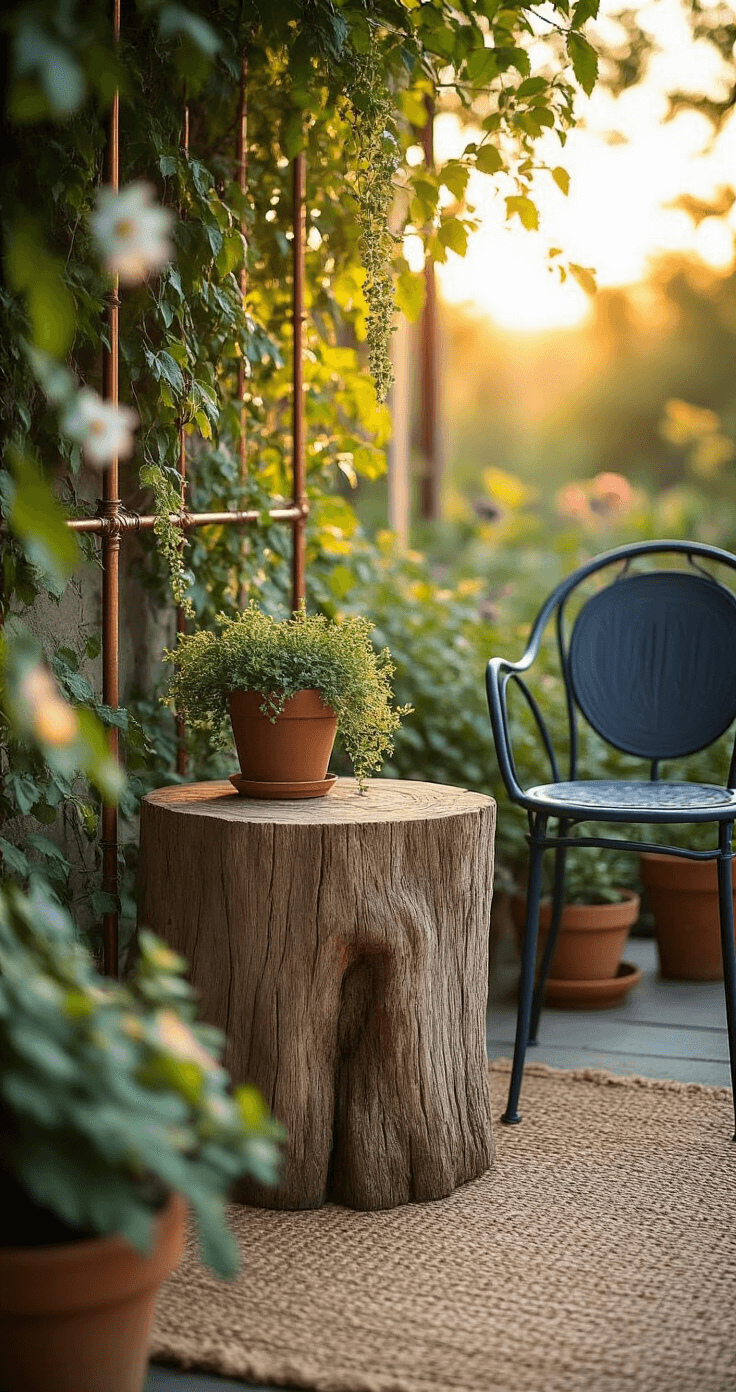 Small Patio, Big Style: Budget-Friendly Makeover Magic A cozy patio corner at golden hour featuring a weathered wooden stump side table and a restored vintage navy metal chair, with sunlight filtering through jasmine on a copper pipe trellis, surrounded by a jute rug and stacked terra cotta pots of succulents, captured from a low angle to highlight warm lighting and textural contrasts.