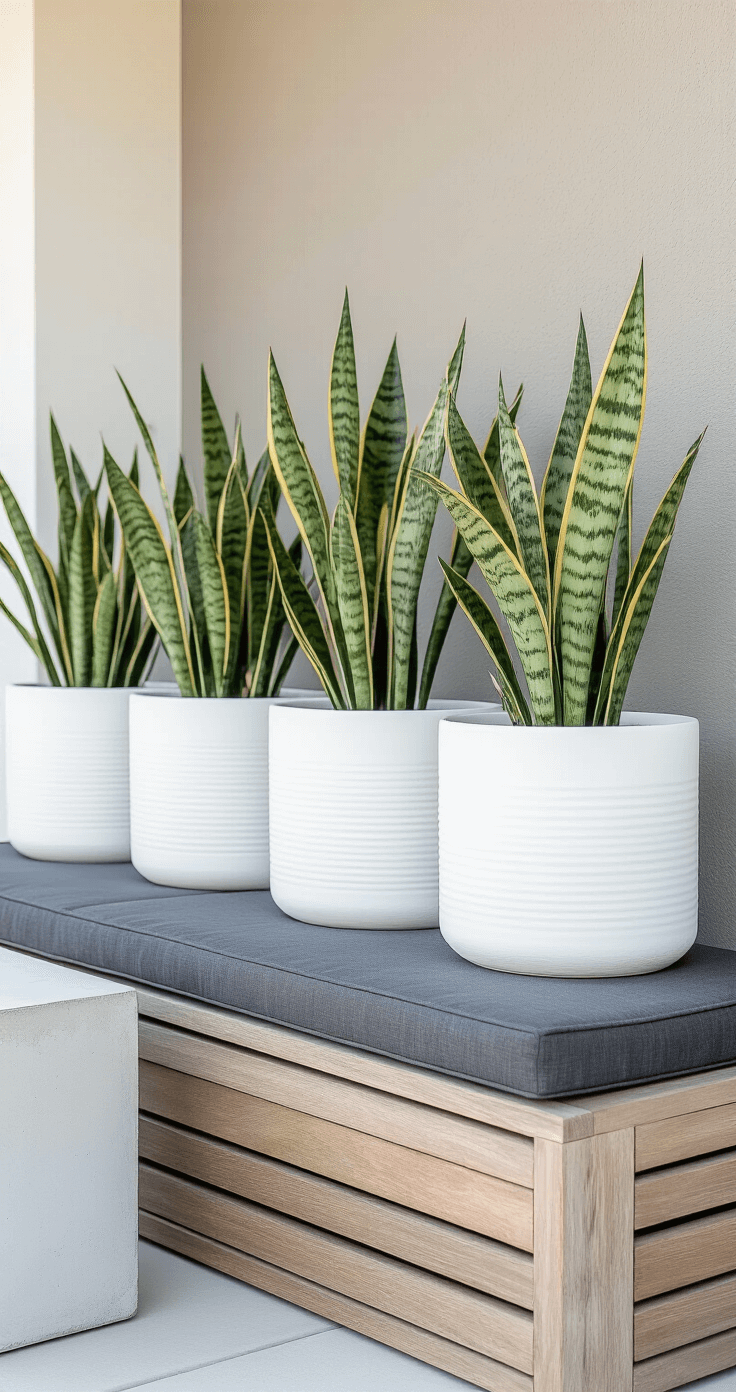 Small Patio, Big Style: Budget-Friendly Makeover Magic Modern minimalist patio vignette featuring a teak storage bench with charcoal cushions, white ceramic planters with snake plants, and a DIY concrete side table with copper accents, all captured in soft mid-morning light.