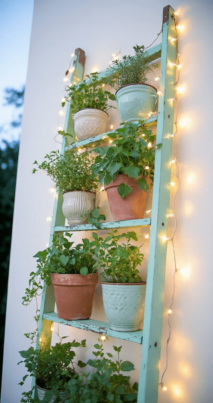 Small Patio, Big Style: Budget-Friendly Makeover Magic A vertical garden wall at dusk featuring a distressed mint green ladder displaying potted herbs and trailing vines in mismatched ceramic containers, wrapped in solar string lights that create a magical bokeh effect, set against a dreamy cottage core aesthetic in shades of sage, cream, and copper.