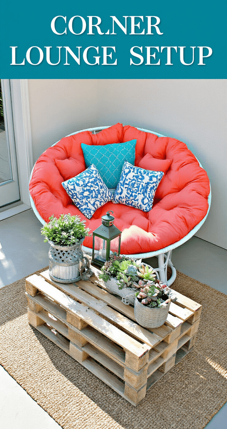 Small Patio, Big Style: Budget-Friendly Makeover Magic A bird's eye view of a coastal-inspired corner lounge with a coral papasan chair, mixed-pattern blue and white pillows, a DIY pallet coffee table with vintage lanterns and a succulent arrangement, all bathed in bright midday sunlight.