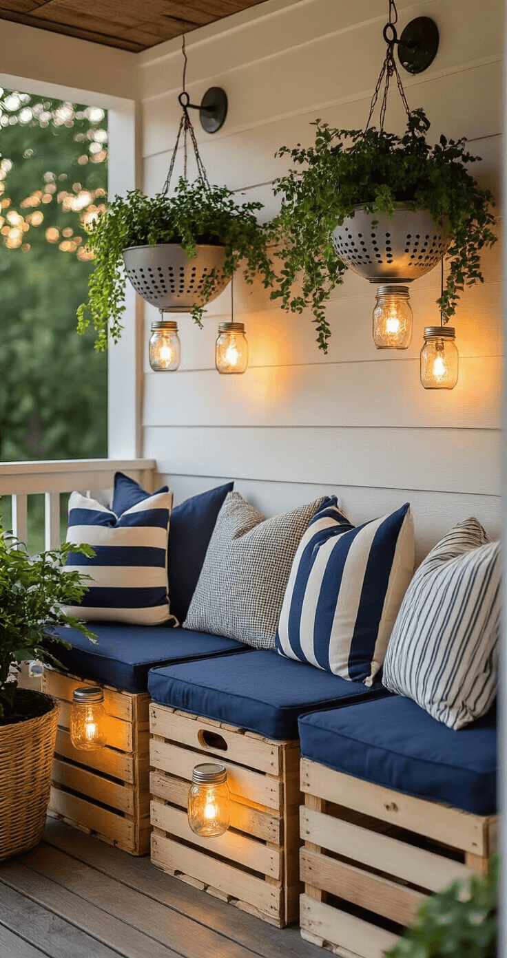 Small Patio, Big Style: Budget-Friendly Makeover Magic Evening scene of a cozy nook featuring upcycled wooden crates as seating with navy striped cushions, illuminated by mason jar solar lights. Vintage metal colander planters with trailing greenery hang above, creating a warm, intimate atmosphere in a modern farmhouse aesthetic.
