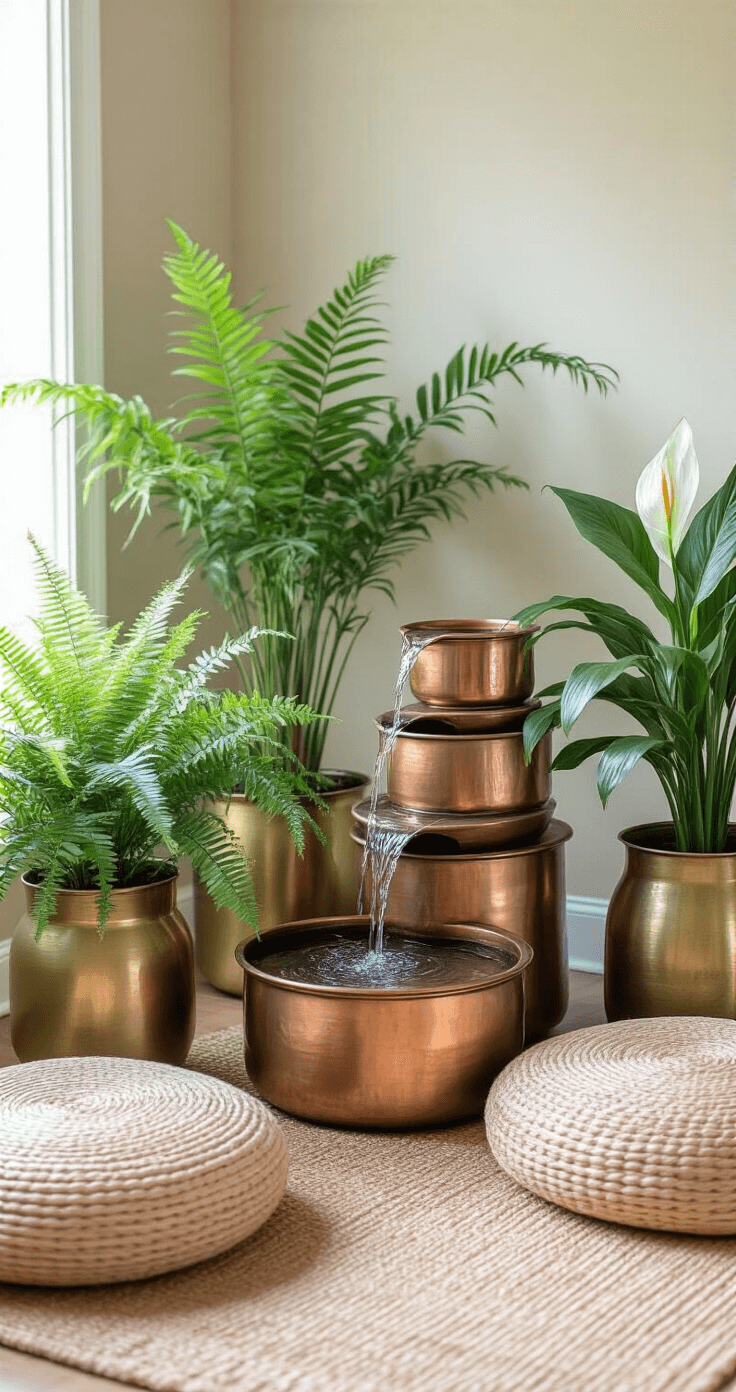 Small Patio, Big Style: Budget-Friendly Makeover Magic A tranquil morning meditation corner showcases a DIY water fountain made of stacked copper pots with a gentle cascade, surrounded by thrifted brass planters filled with lush ferns and peace lilies. Low-angle view emphasizes the height of the fountain, illuminated by soft morning light that highlights the water movement. Natural fiber floor cushions in oatmeal tones provide seating in a zen-inspired palette of copper, sage, and neutral beige.