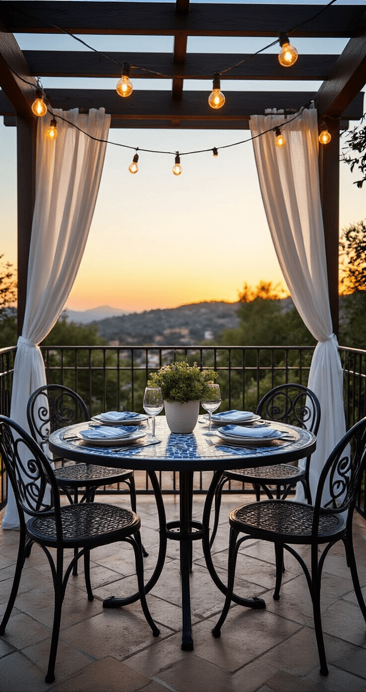 Small Patio, Big Style: Budget-Friendly Makeover Magic Sunset dining scene featuring a bistro table with a mosaic top in blues and whites, surrounded by restored matte black iron chairs. Overhead, a pergola draped with white sheer curtains and vintage-style LED string lights creates a cozy atmosphere. Golden hour lighting enhances the romantic Mediterranean palette of cobalt, white, and wrought iron black.
