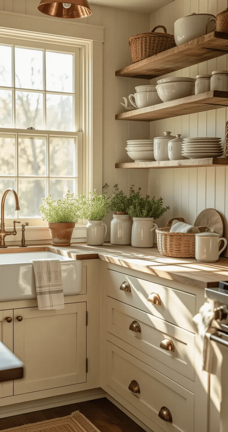 A cozy cottage kitchen bathed in golden hour light, featuring reclaimed wood shelves with white ironstone dishes, vintage mason jars, soft cream cabinets, a rustic wood countertop, and a copper pot rack, accented with potted herbs and textured elements like linen towels and woven baskets.