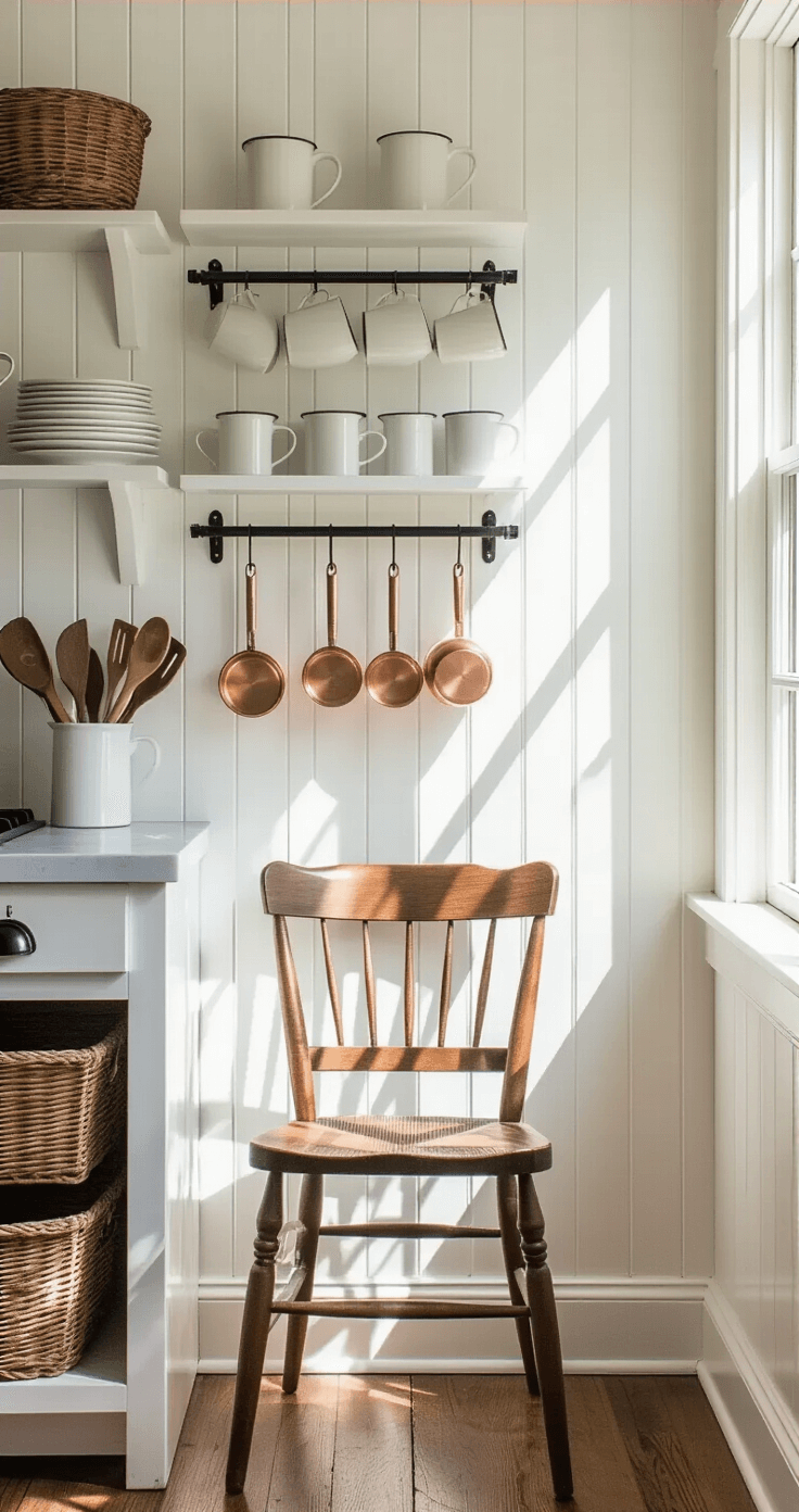Intimate kitchen scene showcasing strategic vertical storage on white beadboard walls, featuring mounted peg rails with enamelware mugs and copper utensils, natural light casting shadows, a vintage ladder-back chair, and clever storage solutions including a wall-mounted knife strip and hanging produce baskets, all in a color scheme of buttermilk whites and weathered woods with black iron accents.