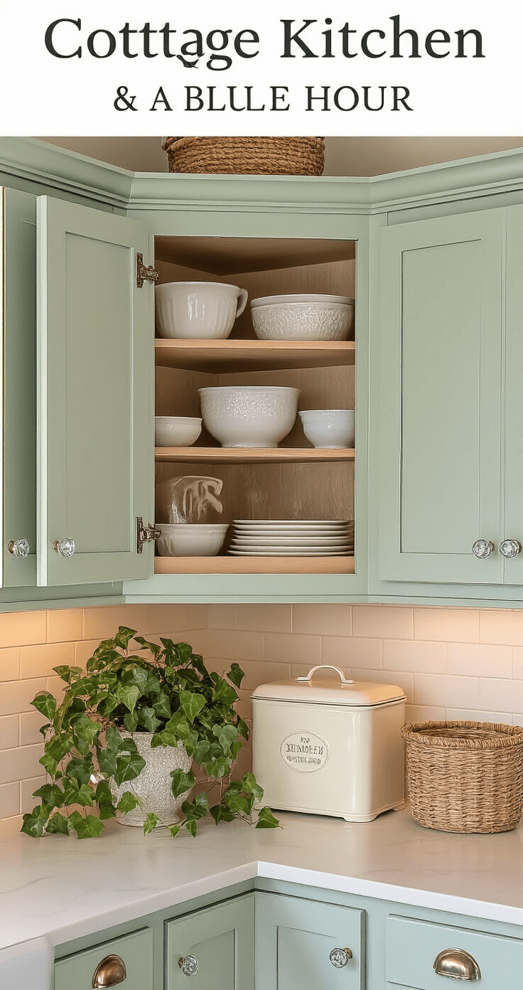 Corner vignette of a cottage kitchen in blue hour light, featuring pale sage green cabinets with crystal knobs, an open corner cabinet showcasing a pull-out shelving system, vintage decor including a bread box and ceramic mixing bowls, and trailing English ivy, all highlighted by warm under-cabinet lighting and textured materials.