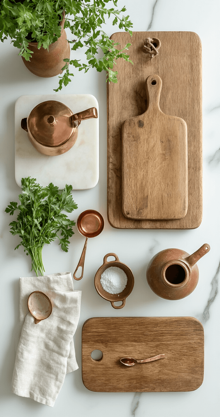 Overhead flat lay of a cottage kitchen workspace featuring a white marble countertop adorned with vintage cutting boards, earthenware crocks, and copper measuring cups, in a warm color palette with fresh herbs and linen napkins.