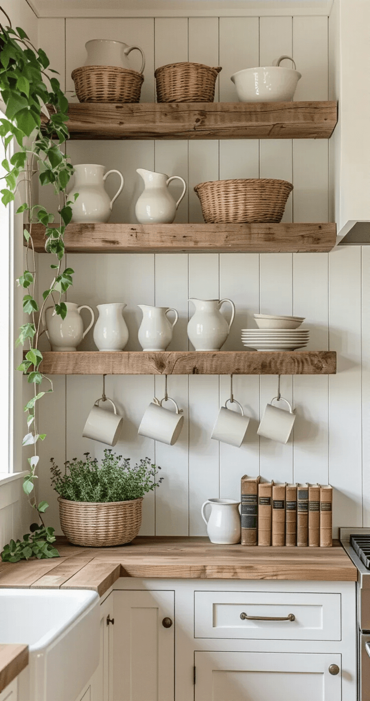 Low-angle view of a cottage kitchen's open shelving with three reclaimed wood shelves against white shiplap, displaying ironstone pitchers, woven baskets, and antique cookbooks. The afternoon light highlights textures and features a color palette of creamy whites, raw woods, and vintage copper accents, styled with trailing ivy and dried herbs.