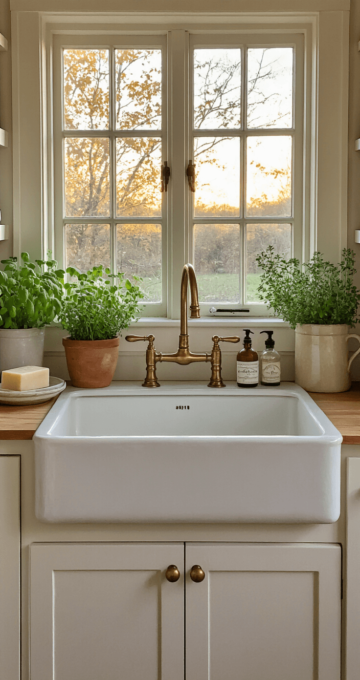 Detail shot of a cozy cottage kitchen sink area at dusk, featuring a farmhouse sink beneath a window, organized under-sink storage, an aged brass faucet, soft white cabinets, potted herbs, a handmade soap dish, and vintage glass bottles, with mixed lighting creating a warm ambiance and a bokeh effect in the background.