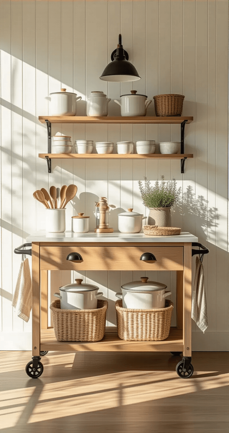 A bright kitchen workspace with a natural oak modular storage cart against a beadboard wall, styled with cooking essentials and vintage tools, illuminated by morning light that creates long shadows. The color palette includes warm whites, natural oak, and black iron details, featuring woven storage baskets, enamelware containers, and a potted rosemary. Captured at standing height with a 50mm lens for a natural perspective and soft background blur.