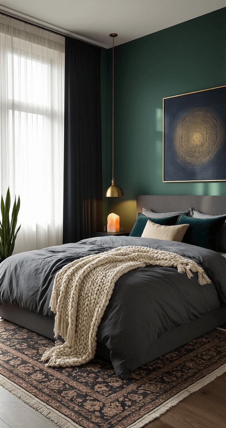 A moody bedroom at dusk with deep emerald walls, featuring a king-sized bed in charcoal linen and ivory silk, accented by sheer black curtains and a brass floor lamp. Textured layers include a chunky knit throw, velvet pillows, and a vintage Persian rug, with minimalist matte black nightstands and Himalayan salt lamps. An oversized navy and gold abstract art piece hangs above the headboard, while a snake plant adds a touch of greenery. The low corner angle shot highlights the dreamy depth of field and bedding textures.