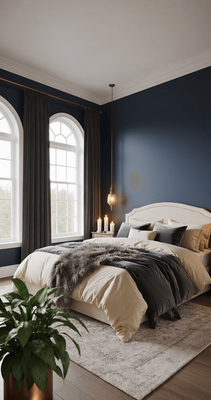 A serene master bedroom at twilight features cathedral ceilings painted midnight blue, a California king bed dressed in a champagne silk duvet and storm-gray velvet pillows, with antique brass sconces providing warm ambient lighting. Floor-to-ceiling windows are draped in charcoal velvet, while a large mirror reflects the glow of clustered pillar candles. A faux fur throw covers the bed's corner, and a peace lily thrives in a copper planter, all viewed from the doorway in soft focus.
