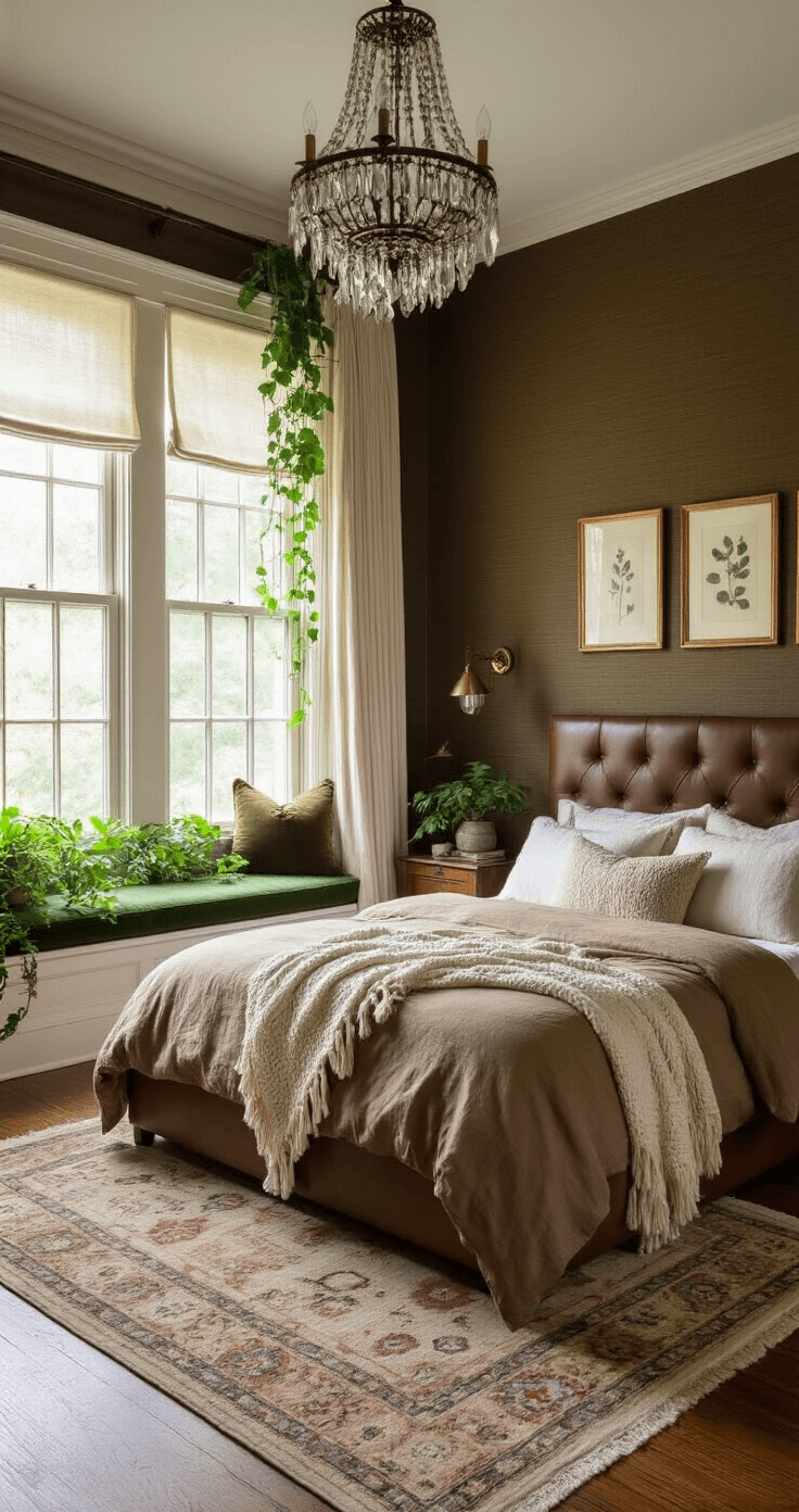 Intimate bedroom with rich espresso grasscloth wallpaper, restored hardwood floors, a queen bed with earth-toned linen, a vintage chandelier, a bay window seat with a pothos plant, and warm natural light from sheer linen panels.