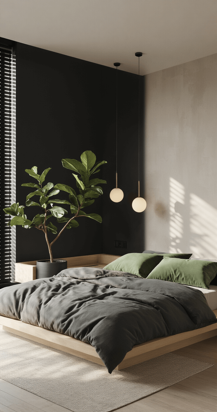 Modernist bedroom at sunrise with a matte black accent wall behind a king platform bed dressed in charcoal linen and sage green silk pillows. Floor-to-ceiling windows with partially raised automated black-out blinds allow morning light to cast dramatic shadows across the textured bedding. A single fiddle leaf fig tree in a black ceramic pot and minimalist brushed gold pendant lights add elegance, while floating nightstands in bleached oak complete the serene atmosphere.