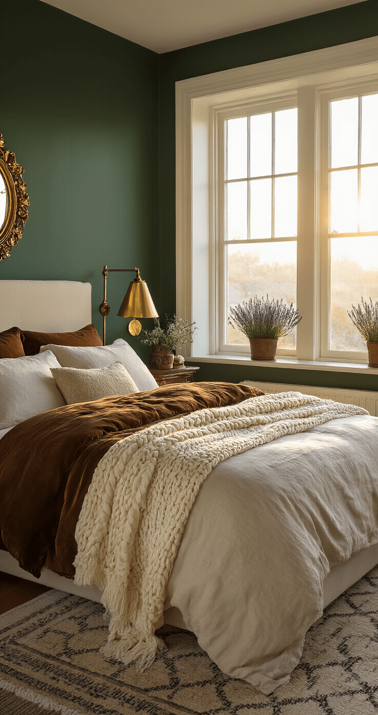 Cozy bedroom at sunset with deep forest green walls and white trim, featuring a queen bed dressed in ivory linen and chocolate velvet. Vintage brass lamps cast a warm glow, while lavender plants on the windowsill add a calming touch. An antique gold mirror reflects the sunlight, complemented by a plush area rug in muted geometric patterns.