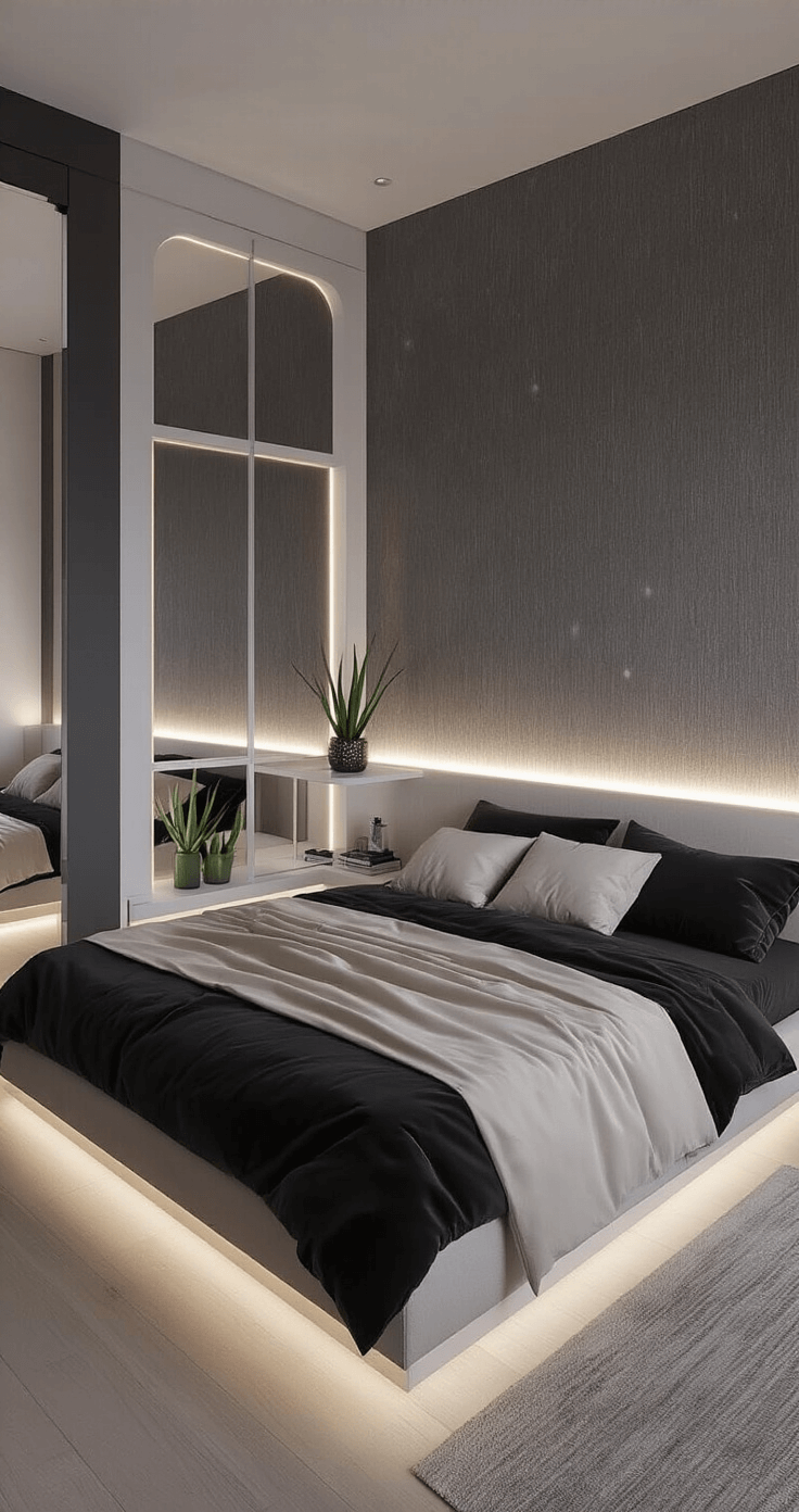 A contemporary bedroom at night featuring charcoal gray walls and white architectural details, with a platform bed dressed in black linen and ivory silk accented by platinum velvet. Smart LED strips illuminate the floating headboard, while minimalist white shelving displays an aloe vera collection. Floor-length mirrors enhance the space, and textured wallpaper reflects subtle lighting, all captured in a long exposure for an ambient mood.