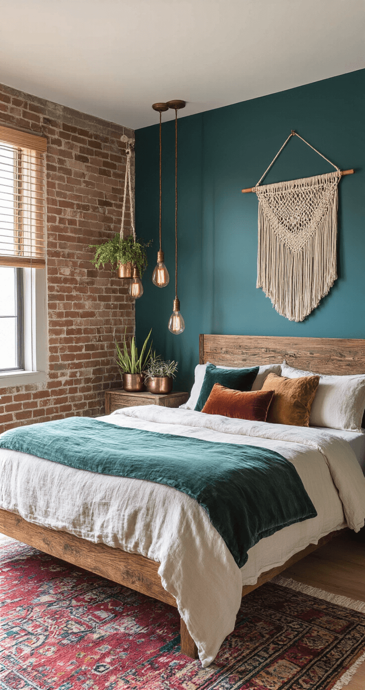 Bohemian bedroom featuring dark teal walls and an exposed brick wall, with a queen bed adorned in layered textiles of raw linen, vintage velvet, and hand-dyed silk in earth tones. A macramé wall hanging is displayed above a reclaimed wood headboard, illuminated by brass pendant lights with Edison bulbs. Air plants in copper vessels and a deep jewel-toned Moroccan rug add to the aesthetic, with natural light softly filtering through bamboo blinds.