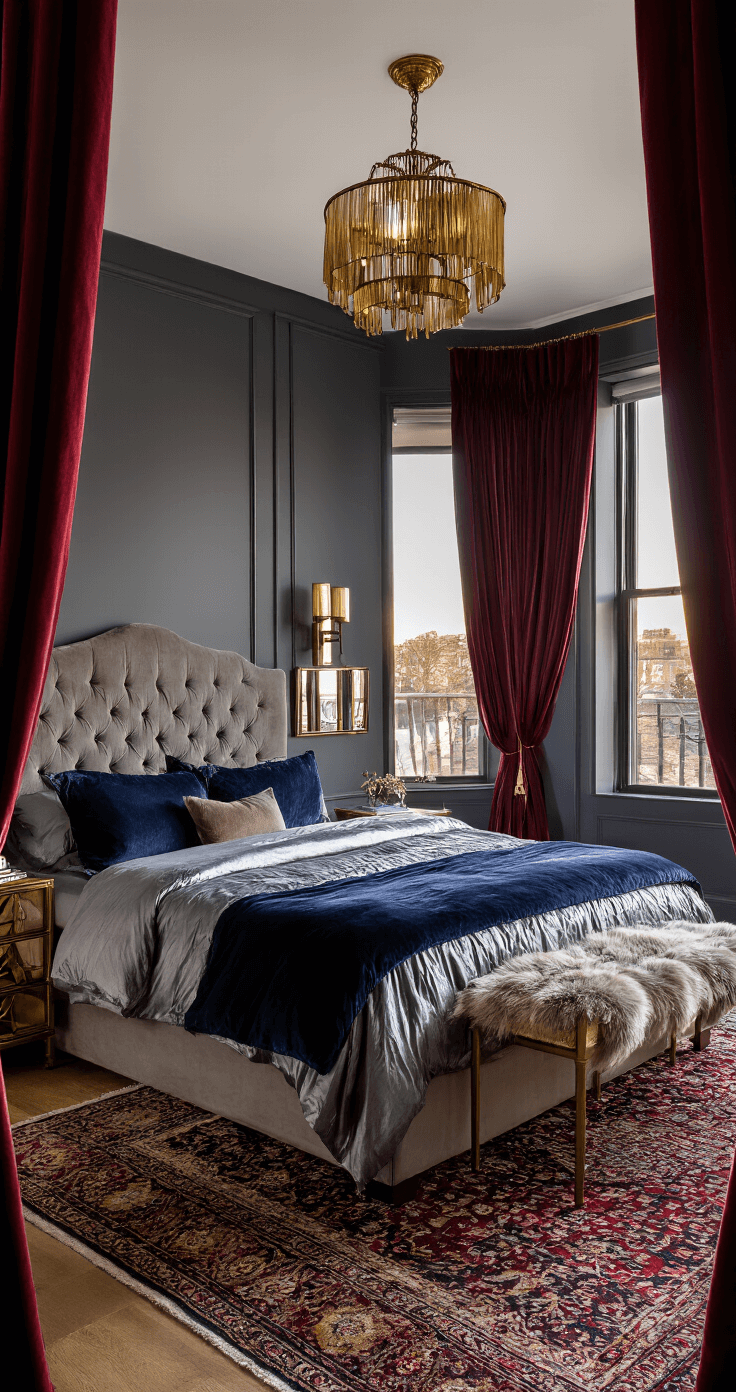 A cozy 14x16ft bedroom with charcoal gray walls, featuring a king-sized bed adorned in midnight blue velvet and silver silk. Warm golden hour light filters through burgundy curtains, casting copper shadows. A vintage brass chandelier hangs above twin antiqued mirror nightstands, while a plush faux fur throw and a hand-knotted Persian rug add texture. Art deco wall sconces provide ambient lighting, creating an intimate atmosphere in the room.