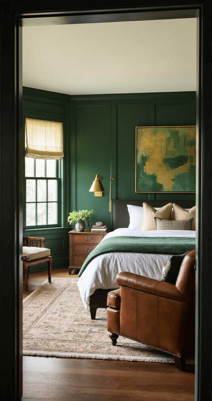 Master bedroom with forest green paneled walls and 10ft coffered ceilings, featuring a California king bed beneath oversized abstract art, a cognac leather reading chair in a bay window alcove, layered brass and mercury glass lighting, rich textured decor including mohair throws and carved wooden screens, and antique bronze mirrors.
