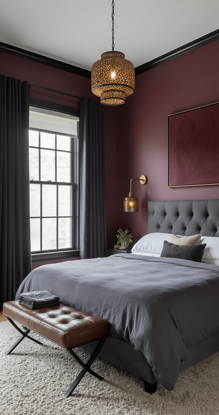 Intimate 12x14ft bedroom with aubergine walls and black trim, featuring a queen bed with a channel-tufted headboard, silk blackout curtains, a Moroccan pendant light, and modern minimalist art in deep burgundy.