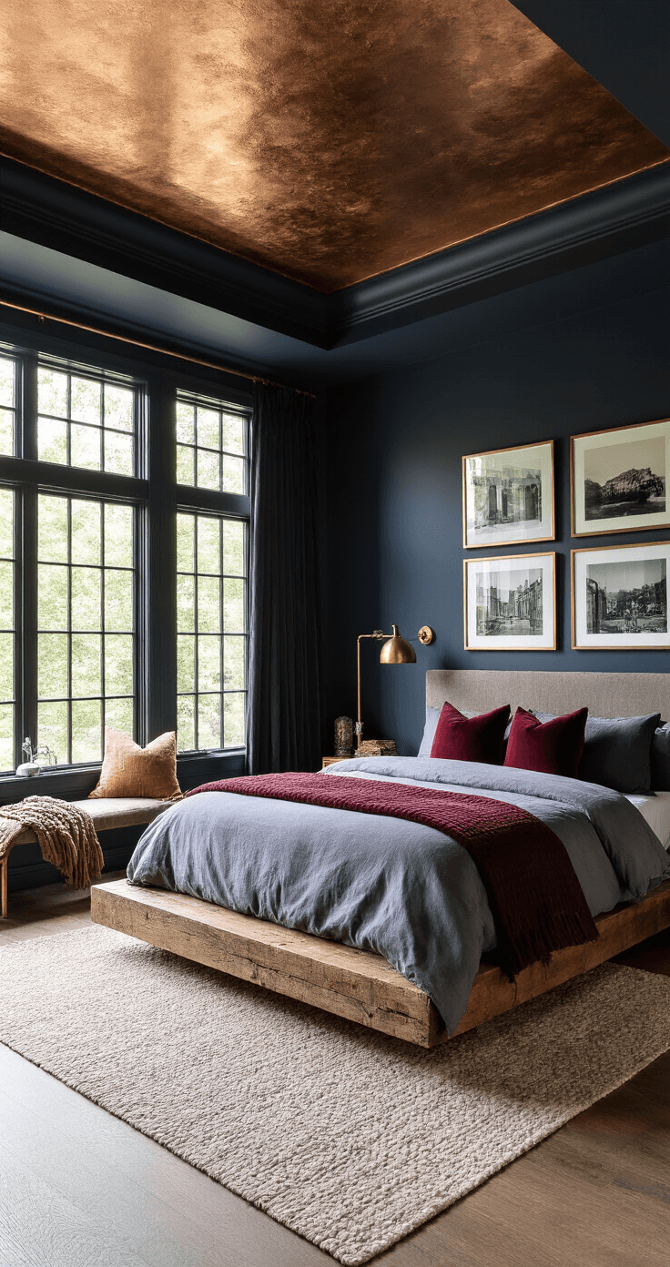 A luxurious corner master suite featuring deep navy walls and a black ceiling with copper leaf inlay. The platform bed, sitting on a salvaged wooden base, is adorned with storm-gray linens and bordeaux velvet pillows. Floor-to-ceiling windows with weighted black silk drapes let in light, while vintage brass floor lamps provide warm illumination. The room incorporates suede wall panels, chunky knit throws, and glazed ceramic accessories, with a bronze-framed photography gallery wall adding depth.