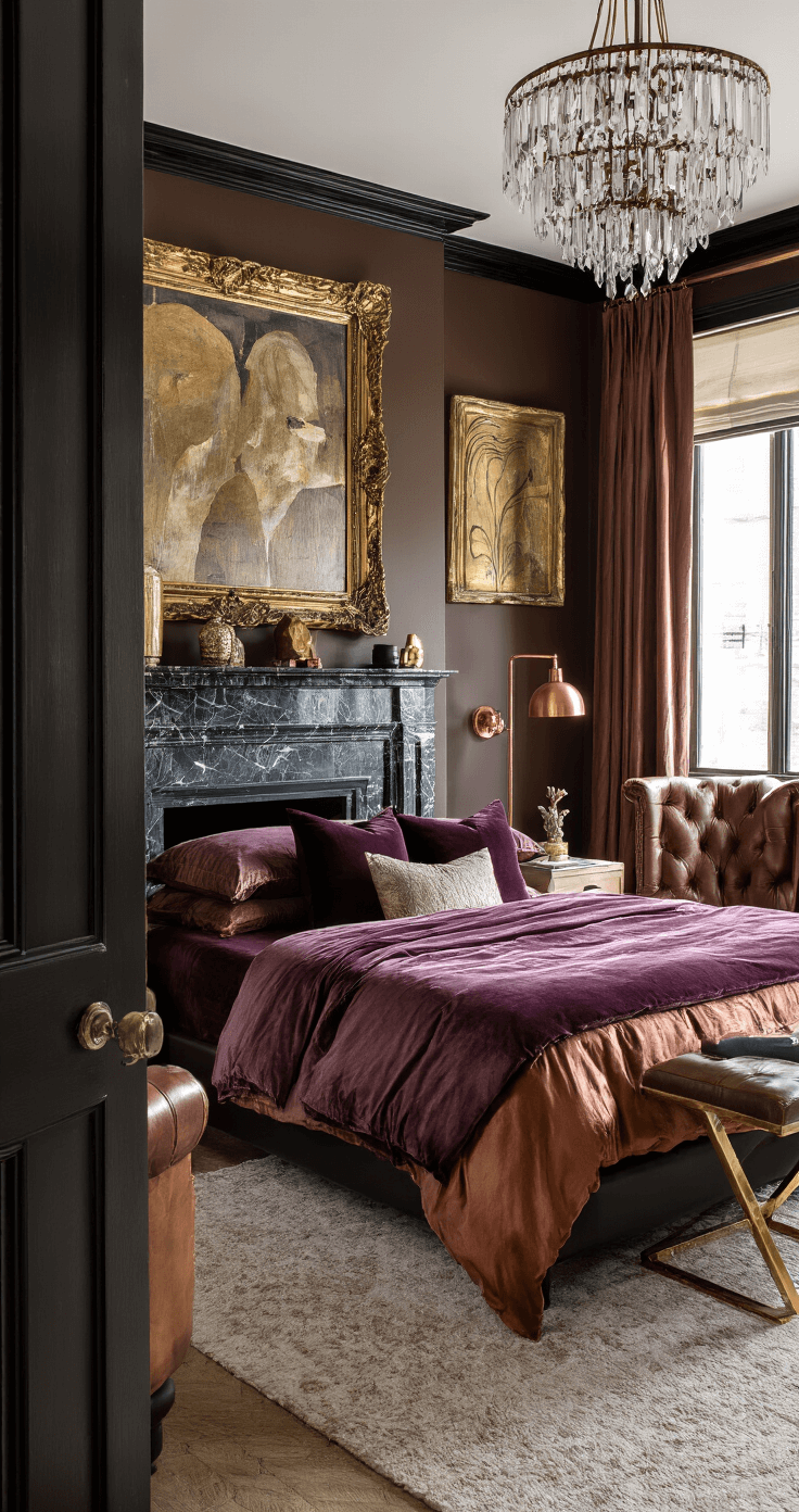 Cozy bedroom with warm chocolate brown walls and black details, featuring a queen bed with plum velvet duvet, a marble fireplace, and a crystal chandelier, all enhanced by rich textures and vintage decor.