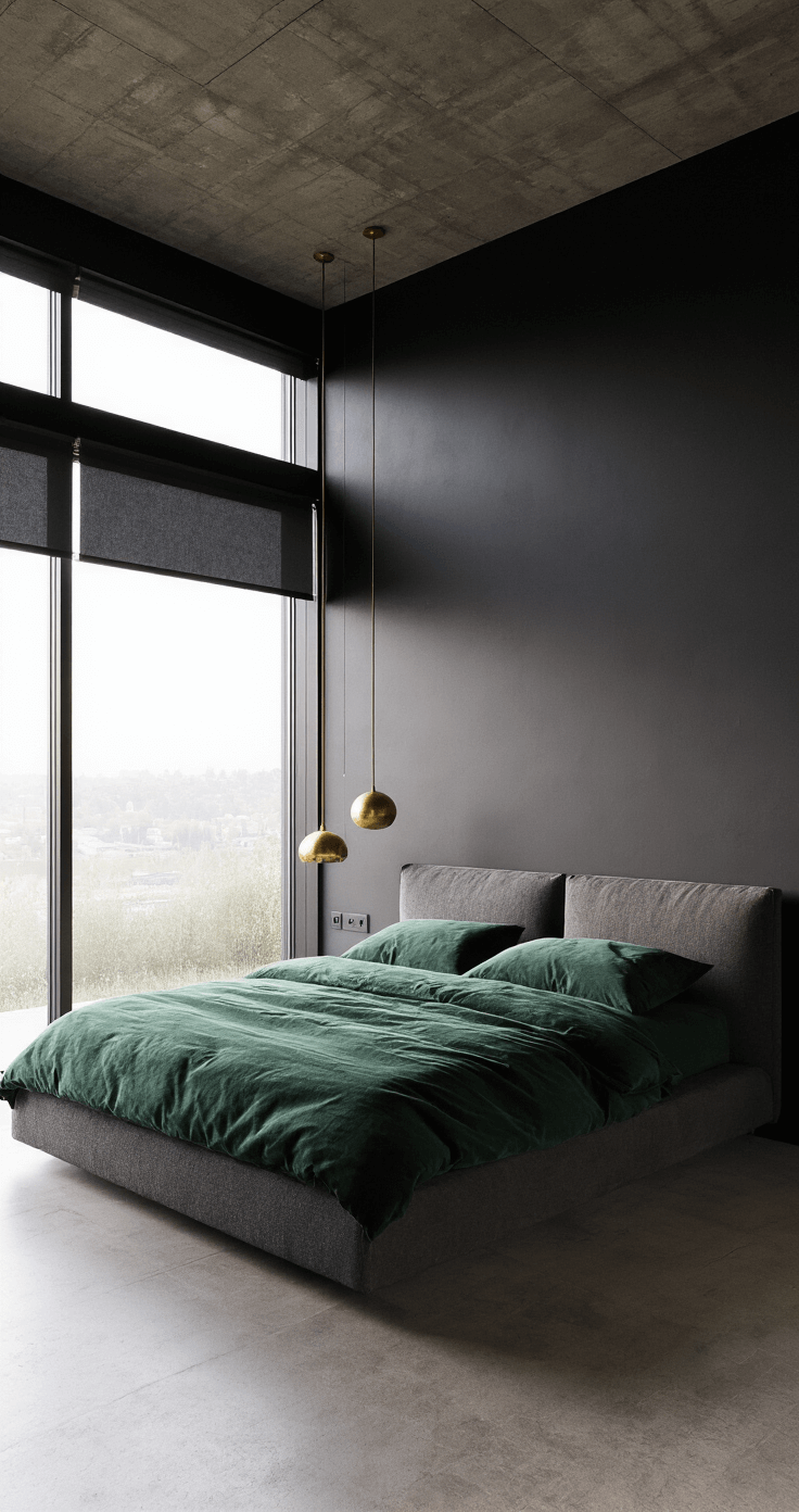 A modern bedroom featuring matte black walls and a concrete ceiling with exposed beams, showcasing a low-profile platform bed in charcoal linen and deep green velvet. Floor-to-ceiling windows with black mesh shades allow dawn light to illuminate polished concrete floors. Asymmetrically hung minimalist brass pendant lights and large-scale monochromatic photography add dramatic visual interest, while bouclé upholstery and patinated metal accents enhance the room's texture.