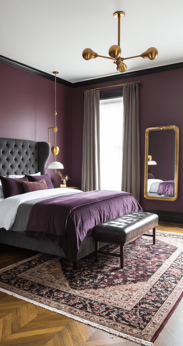 A luxurious boutique hotel-style bedroom featuring rich plum walls and black trim, a wingback bed in charcoal velvet adorned with aubergine and silver bedding, Art Deco brass lighting, herringbone hardwood floors with a vintage Persian rug, and elegant silk drapes, complemented by a leather bench and bronze-framed mirrors.