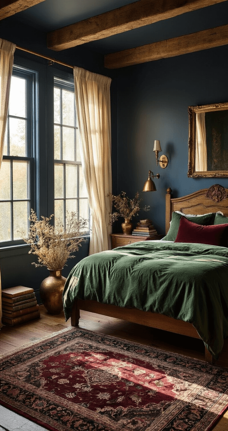 Moody Enchanting Cottagecore Bedrooms: A Magical Retreat of Rustic Charm A cozy 14x16ft bedroom with midnight blue walls and exposed wooden beams, featuring a carved wooden bed in forest green linens and burgundy pillows. Sunlight streams through gauzy curtains, creating ethereal rays, while vintage brass sconces illuminate a botanical wallpaper accent wall. The room is adorned with dried wildflowers in weathered copper vases, an antique mirror with patina, and stacked leather-bound books, all anchored by a deep jewel-toned Persian rug.