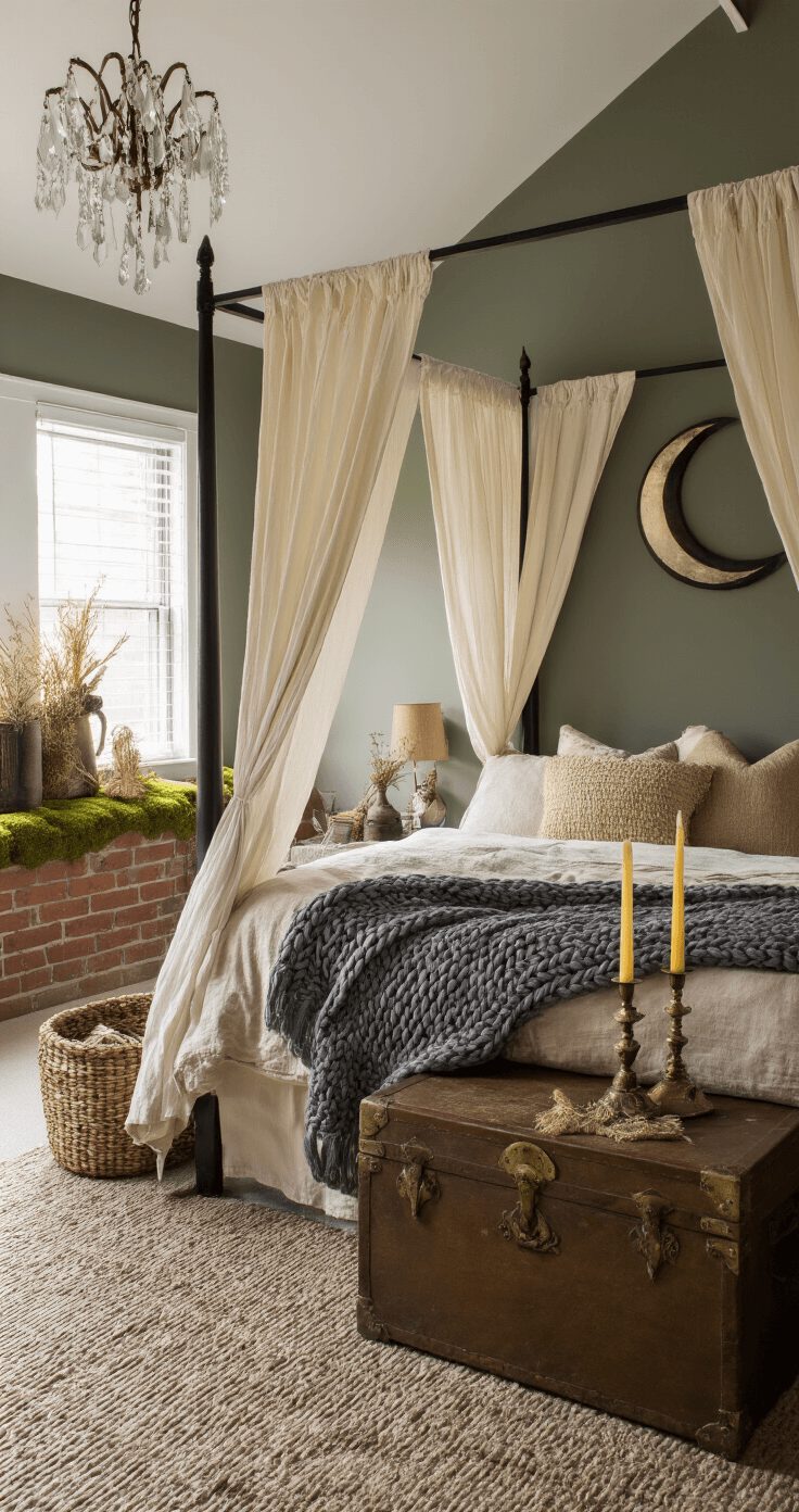 Moody Enchanting Cottagecore Bedrooms: A Magical Retreat of Rustic Charm A cozy 12x12ft bedroom at dusk featuring dark sage walls and an exposed brick chimney, with a four-poster bed draped in a cream canopy and chunky knit throws. A vintage trunk serves as a bedside table with tarnished brass candlesticks, while a moon phase wall hanging and crystal prisms create a warm ambiance.