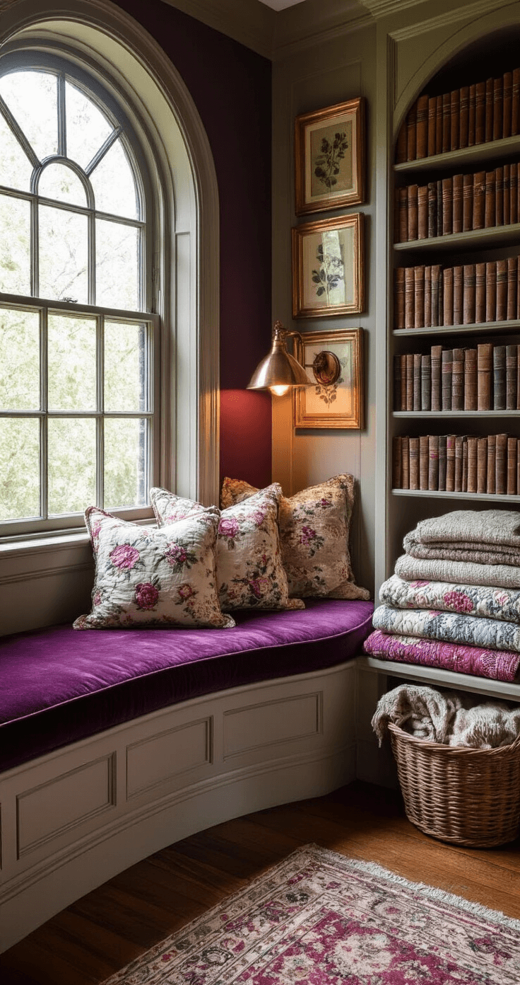 Moody Enchanting Cottagecore Bedrooms: A Magical Retreat of Rustic Charm A cozy Victorian reading nook with a deep plum velvet window seat, surrounded by weathered oak bookshelves filled with books. Vintage floral quilts are stacked nearby, while a copper lamp casts a warm light. A gallery wall features pressed botanicals in gilt frames, and a handwoven basket brims with wool blankets beneath leaded glass windows.