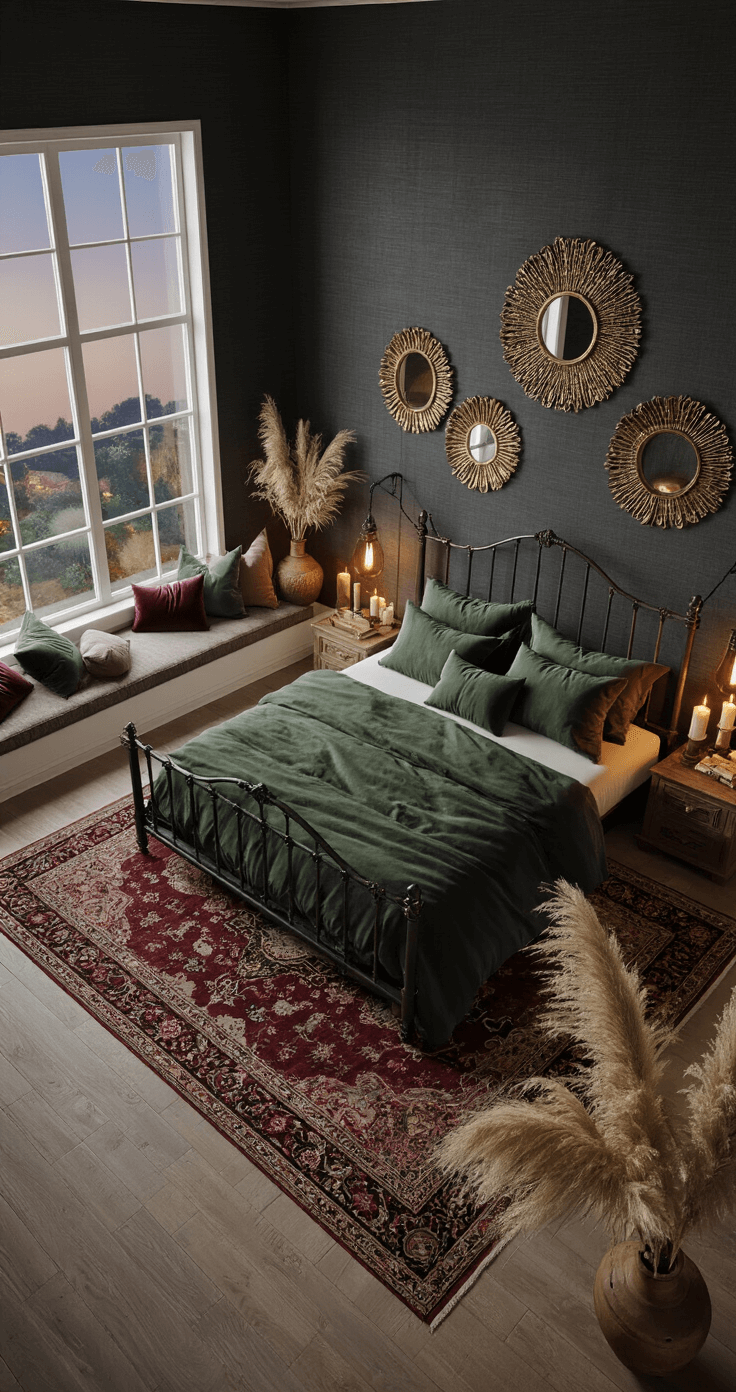 Moody Enchanting Cottagecore Bedrooms: A Magical Retreat of Rustic Charm Overhead view of a twilight master bedroom with charcoal grasscloth walls, an oversized iron bed in forest green and deep wine linens, a vintage Persian runner, a window seat with velvet cushions, clustered brass mirrors reflecting candlelight, and dried pampas grass in earthenware vessels.