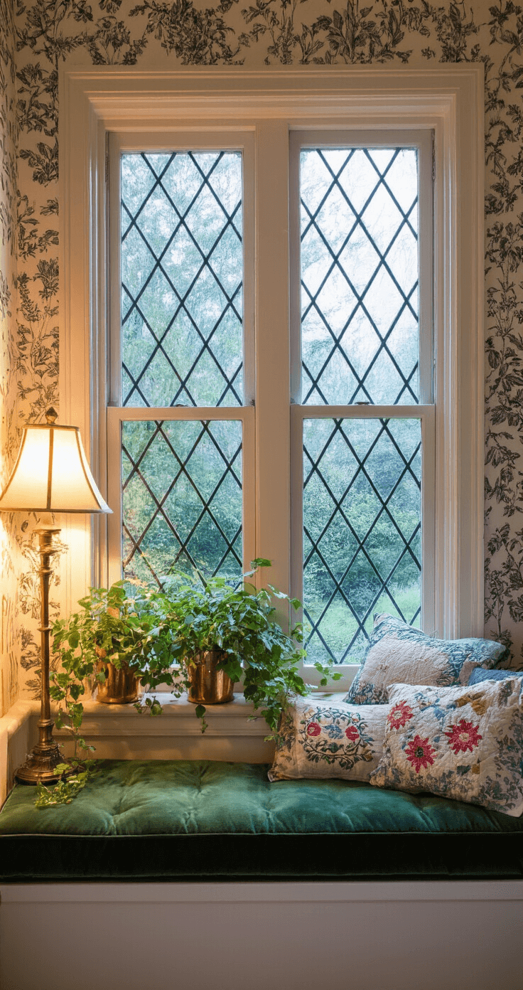 Moody Enchanting Cottagecore Bedrooms: A Magical Retreat of Rustic Charm A cozy bedroom alcove at blue hour features a bay window with diamond panes framing a misty garden. A hunter green velvet window seat is piled with handmade quilts and embroidered cushions, surrounded by trailing ivy in copper planters. Crystal prisms capture the fading light, while a vintage brass lamp casts a warm glow against dark botanical print wallpaper.