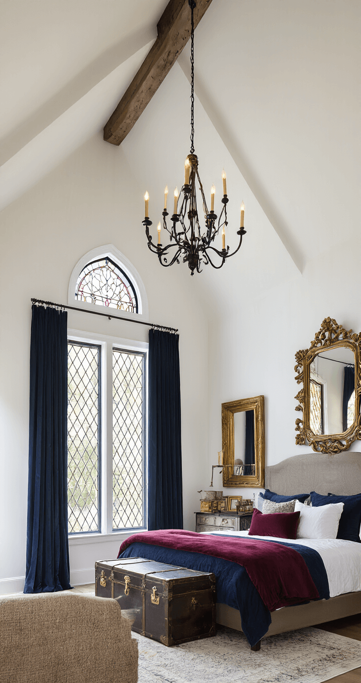 Moody Enchanting Cottagecore Bedrooms: A Magical Retreat of Rustic Charm A low-light architectural shot of a vaulted bedroom with exposed beams, featuring a wrought iron chandelier, a king bed with midnight blue linens and burgundy throws, floor-length velvet curtains, leaded glass windows, a vintage trunk, a brass mirror, and clustered gilt frames.