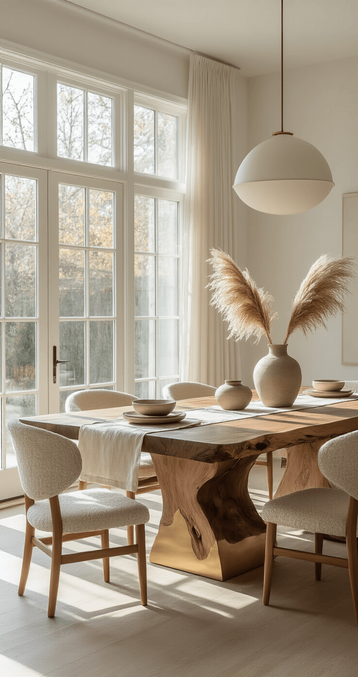 A bright dining space with a massive live-edge walnut table and brass base, styled with a cream linen runner and a stone vase of pampas grass, under morning sunlight streaming through large windows, featuring natural bouclé chairs and warm white walls.