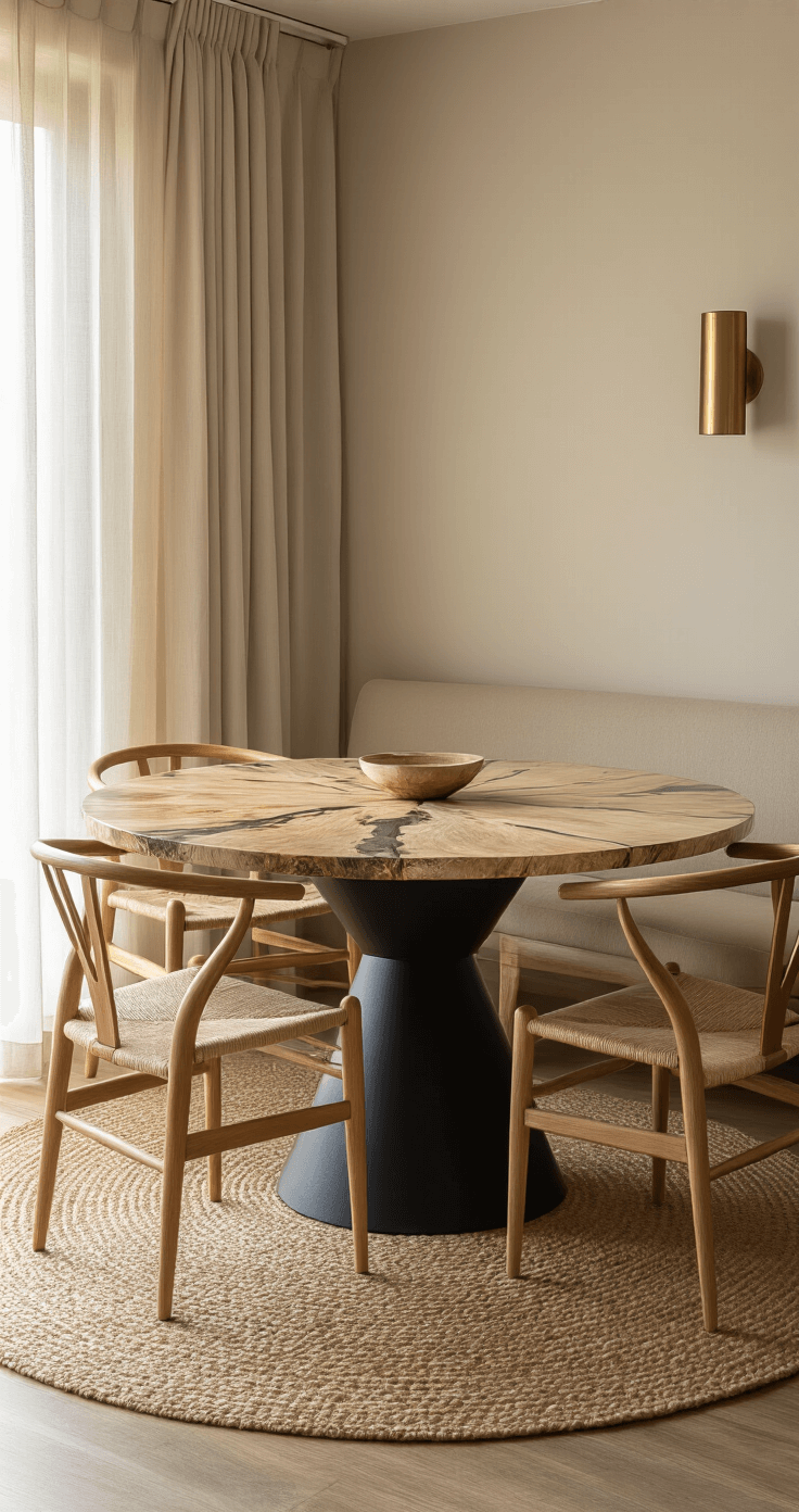 Intimate 15x15ft dining nook featuring a 60-inch round organic table with a petrified wood top and matte black base, surrounded by four natural oak wishbone chairs, on a textured jute rug, illuminated by golden hour light filtering through sheer linen curtains, with a brass sconce above.