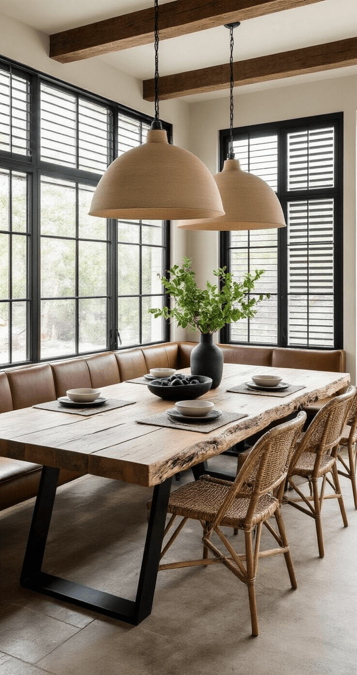 Open-concept dining area featuring a reclaimed teak table with live edge and blackened steel legs, mixed seating of leather and rattan, oversized ceramic pendant lights, and dramatic afternoon light casting shadows through slatted screens.