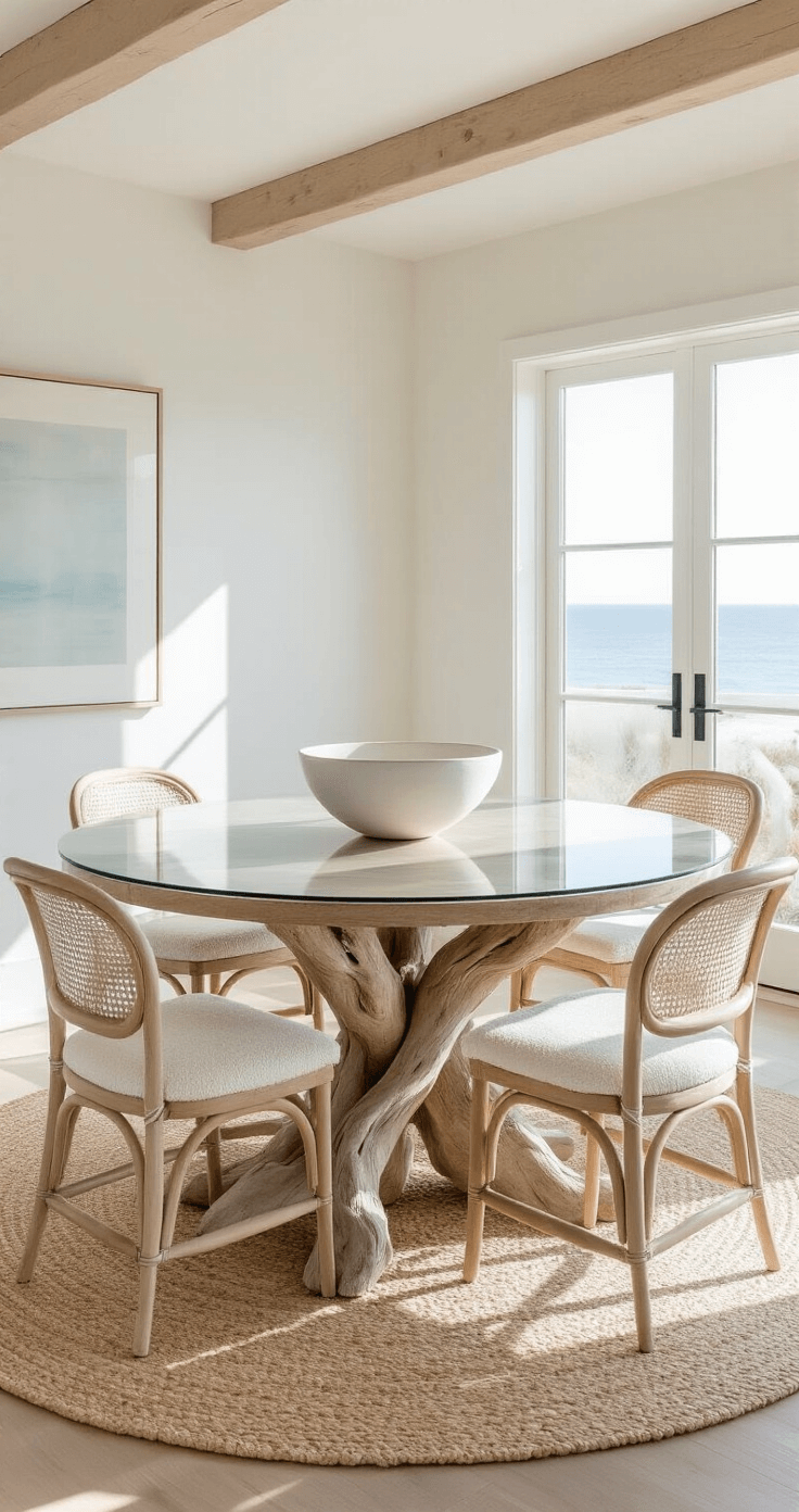 Sun-drenched dining space with a 6ft round organic table featuring a driftwood base and glass top, surrounded by bleached oak chairs with white bouclé upholstery, anchored by a sisal rug, and minimal decor highlighted by a single oversized white ceramic bowl, all bathed in coastal morning light.