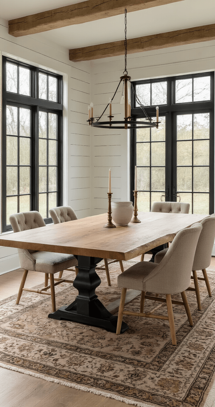 Modern farmhouse dining room featuring a 9ft live-edge maple table with a blackened steel trestle base, surrounded by a mix of Windsor-style and upholstered greige chairs, under warm afternoon light filtering through gridded windows, with a vintage Persian rug beneath and antique brass candlesticks and white stoneware atop, complemented by a shiplap accent wall, all capturing a cozy and inviting atmosphere.