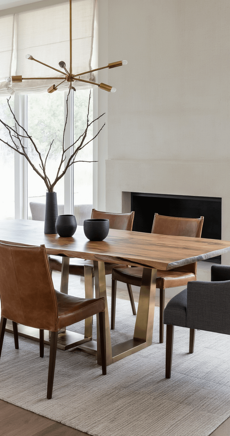 Contemporary dining space featuring a 7ft organic-edge acacia table with a brushed bronze base, surrounded by leather sling chairs and upholstered end chairs, enhanced by a minimalist brass mobile chandelier and styled with black stoneware and a single branch, captured from a corner view showing the relationship to a modern fireplace.