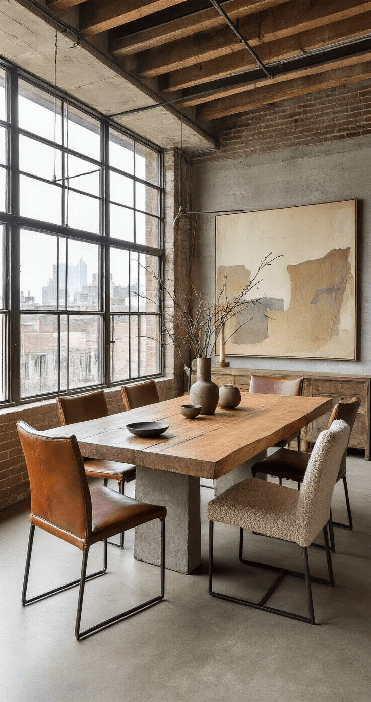 A spacious loft-style dining area features an 8ft sustainably harvested teak table with butterfly joinery on a cast concrete base, surrounded by six vintage leather dining chairs and modern bouclé host chairs. Industrial windows provide dramatic lighting, while oversized abstract art hangs in the background. The table is styled with hand-thrown ceramics and steel candle holders, showcasing a contrast of warm woods, cool concrete, and rich leather.