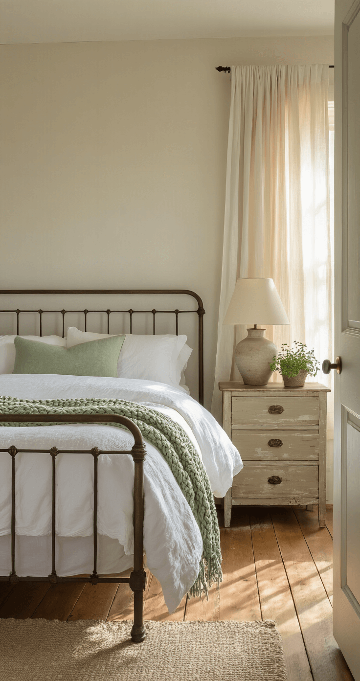 A sunlit bedroom featuring a vintage iron bed with white bedding and a sage green throw, rustic oak flooring, and a pine nightstand with a lamp and potted herb, all in a soothing palette of muted sage, cream, and white.
