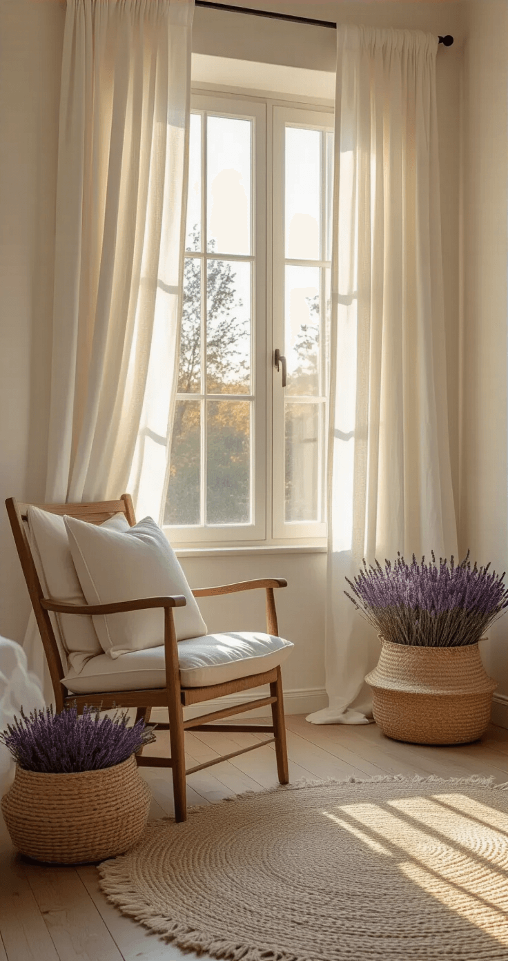 Cozy corner bedroom with a restored wooden armchair beside a tall window, gauzy white curtains, a basket of dried lavender, and warm evening light casting shadows on whitewashed walls, emphasizing ceiling height.