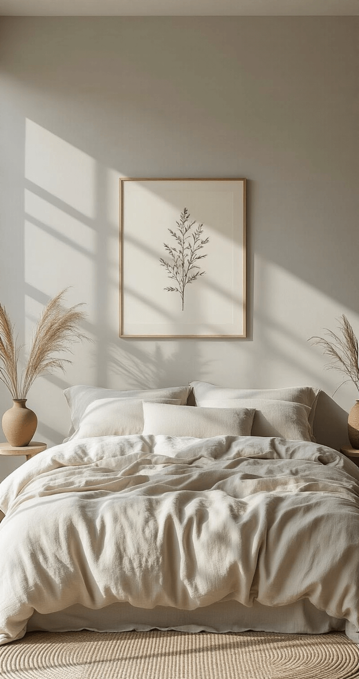 Overhead view of a minimalist queen bed in rumpled natural linen, morning light casting geometric patterns on light gray walls, with a vintage botanical print above and two handthrown ceramic vessels with wild grasses on a slim console table.