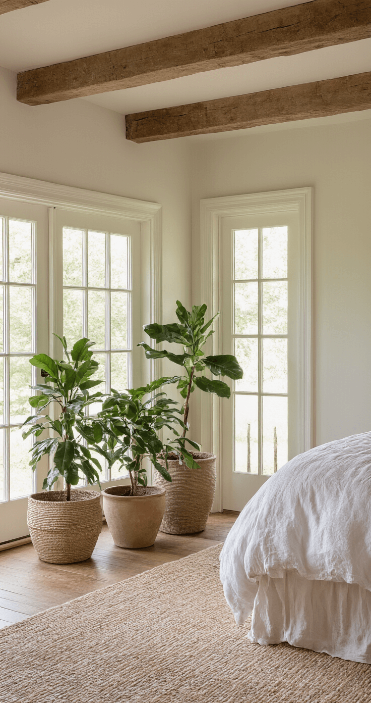 A cozy 15x15ft main bedroom featuring exposed ceiling beams and original hardwood floors, illuminated by afternoon light. A grouping of three potted plants near French doors adds greenery, while an antique pine bed dressed in white, cream, and blush linens creates a serene atmosphere. The image is captured from a corner at eye level, showcasing an earth-toned palette with green accents.