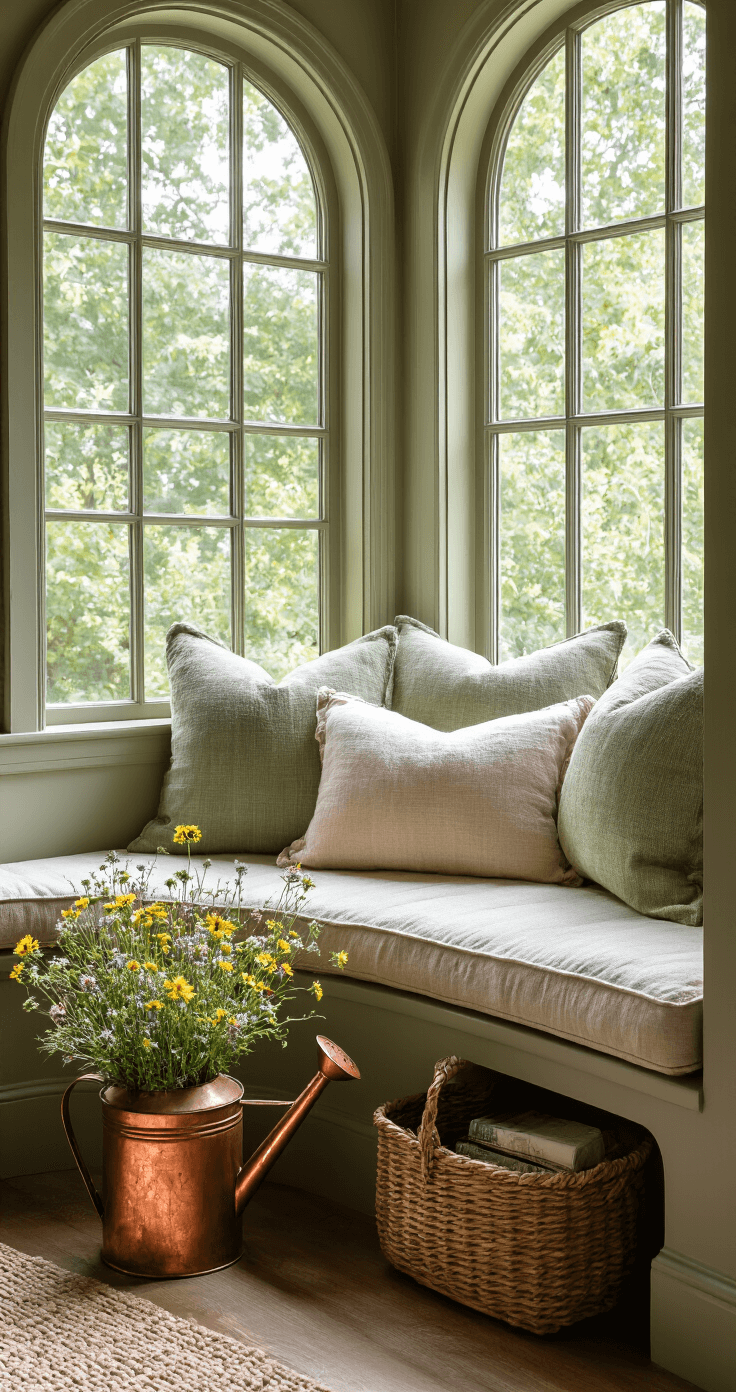 A cozy bedroom reading nook with a curved window seat adorned with woven cushions, illuminated by afternoon light filtering through bottle-glass windowpanes. A weathered copper watering can filled with fresh wildflowers adds a touch of nature. The camera angle emphasizes textures and colors of copper, sage, cream, and vibrant flora.